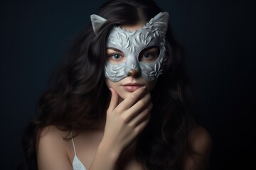 Beautiful young woman wearing a cat carnival mask on the black background