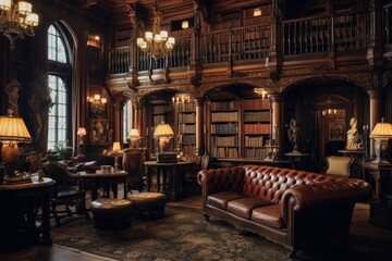 Luxury interior of the old library with furniture and books, A classic Victorian era library with leather-bound books and wooden furniture, AI Generated - Powered by Adobe