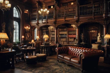Foto op Plexiglas Luxury interior of the old library with furniture and books, A classic Victorian era library with leather-bound books and wooden furniture, AI Generated © Iftikhar alam
