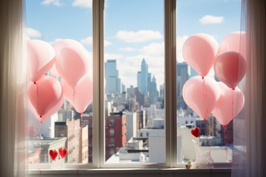 Fototapeta Pink heart shaped balloons on the window with New York city view, Valentine's day background with heart shaped balloons on a window, A cityscape seen through a window, AI Generated