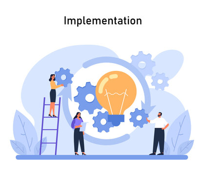Implementation phase illustration. A team in action, integrating solutions into a working model, the practical application of Design Thinking in progress. Flat vector illustration