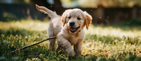 Golden retriever puppy playing with toy stick in backyard.