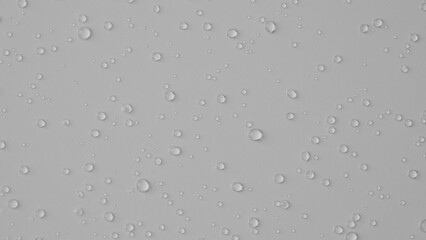 Lots of shiny water droplets on glass on white background of studio. Water splashes of rain. Aqua particle creative advertising concept.