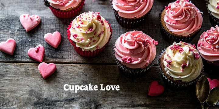 cupcakes with airy cream and hearts on a wooden table, Valentine's Day, banner