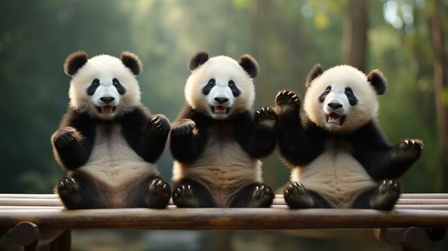 Pandas attempting a synchronized gymnastics routine on parallel bars, showcasing their flexibility and humor. [funny pandas]
