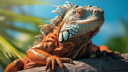Fototapeta premium A close-up of a sunbathing iguana perched on a palm tree trunk, soaking up the warmth of the summer sun. [ah summer summer sun palm trees beach]