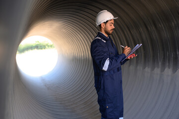 Smart engineer with safety suit holding walkie-talkie inspecting large power system pipeline.	
