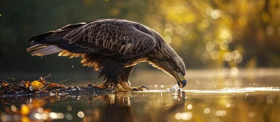 White-tailed Eagle foraging in Dutch pool. - obrazy, fototapety, plakaty