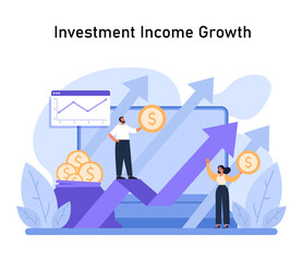 Wealth accumulation. Targeting investment income growth through strategic financial planning and market analysis. Elevating profits and capital gains. Flat vector illustration.