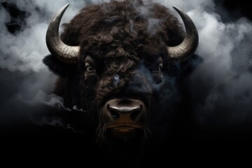 Face of a bison watching us with predator eyes in a full black decor and smoke