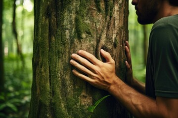 Nature lover hugging trunk tree - obrazy, fototapety, plakaty
