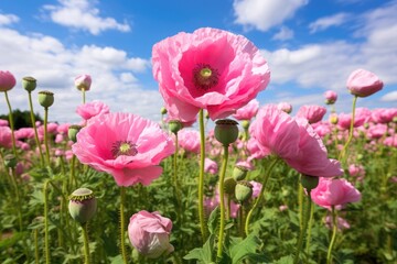 Cultivation of pink poppy (Papaver somniferum) for oil extraction. - obrazy, fototapety, plakaty
