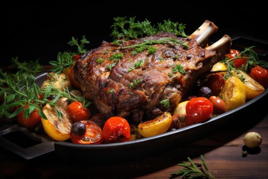 Roast lamb shank with herbs and vegetables.