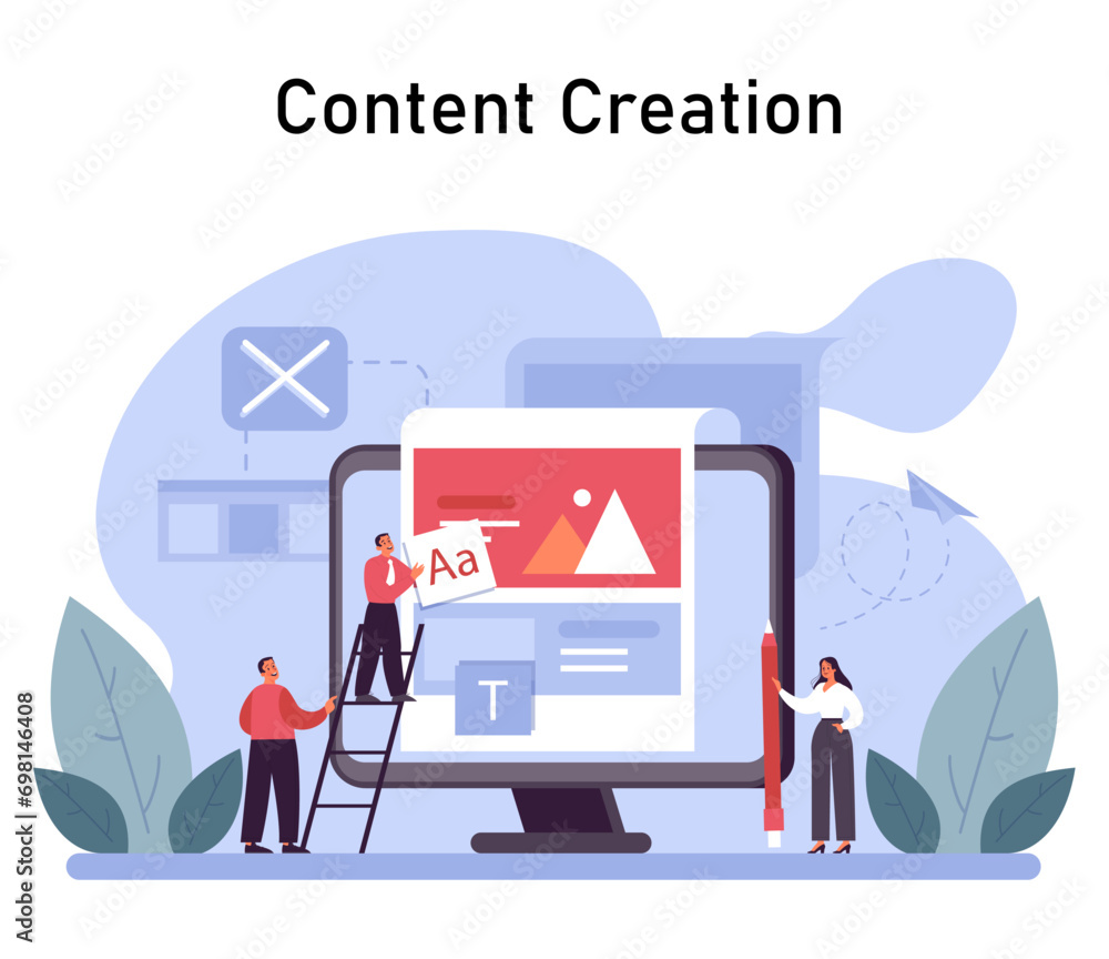Poster content creation concept. team collaboratively designing engaging digital content, showcasing web de