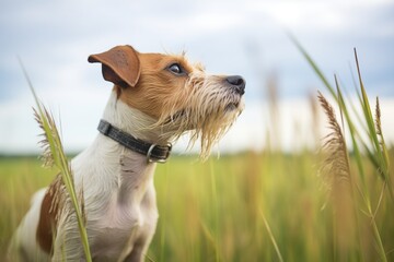 terrier searching scent in tall grass