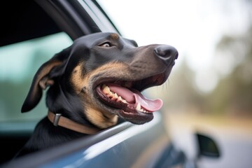 black labrador enjoying breeze in moving car