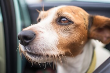close view of a wet nose and whiskers of a dog in a family van