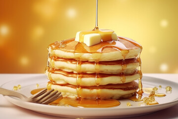 A delicious breakfast of fluffy pancakes stacked high on a plate, drizzled with golden maple syrup and topped with a melting pat of butter - obrazy, fototapety, plakaty
