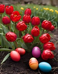 red tulips with colourful Easter eggs underneath