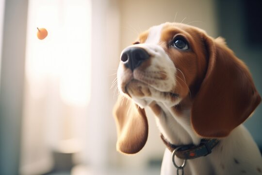 puppy with a chew toy looking up yearningly