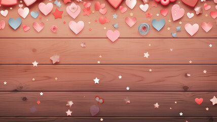 Happy Saint Valentine's day card, horizontal border of holiday objects on wooden background. Glittering hearts, star and flowers