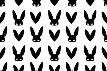 Fototapeta premium Seamless sex shop pattern. Black rabbit mask, black heart. For wrapping paper, website, flyer, card.