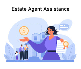 Estate Agent Assistance concept. Skilled agent aids family in home purchase, emphasizing financial transactions and verified documentation. Seamless property acquisition. Flat vector illustration.