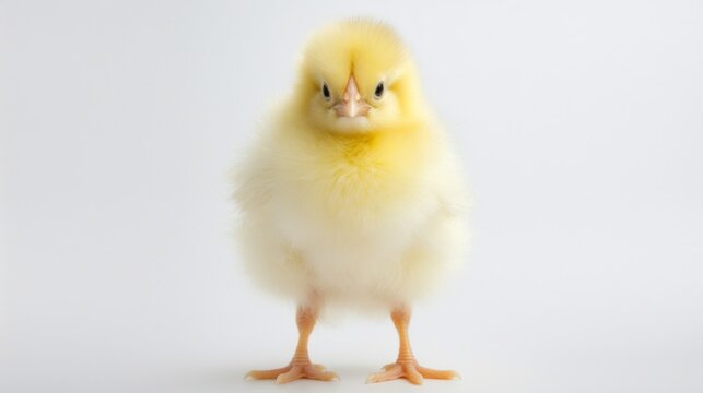 A fluffy baby chick standing tall, its soft yellow feathers contrasting with the white background.
