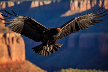 A California Condor soaring against the backdrop of the scenic, rugged cliffs of the Grand Canyon
