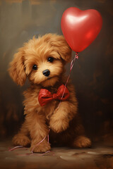Oil painting of a plush toy dog Valentines Day gift holding a heart shaped balloon