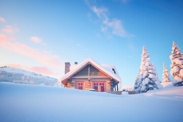 snow-covered mountain cabin at dawn