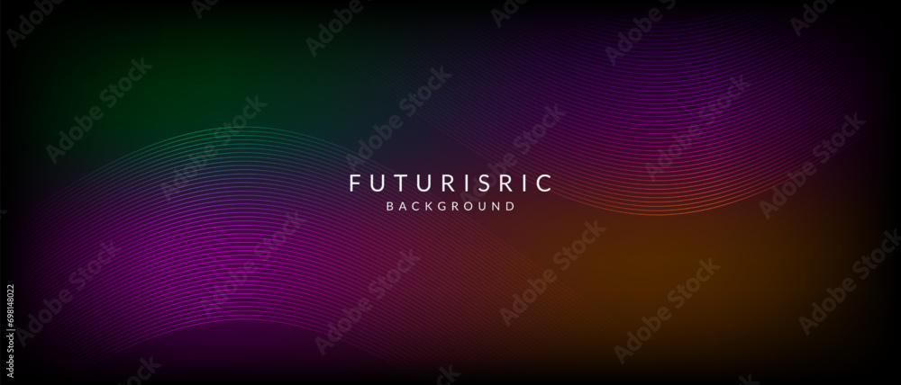 Poster abstract futuristic glossy flowing wave line on dark gradient background.