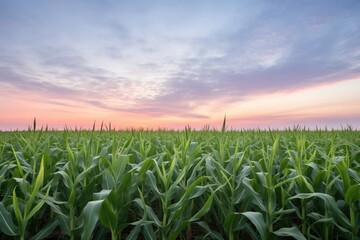 rows of corn with twilight sky backdrop