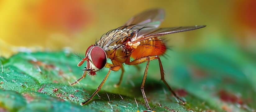 Insect pest on vegetable macro: tropical fruit fly Drosophila Diptera.