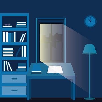 Night study room illustration. Night room vector interior with city light from the window.