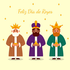 Los tres reyes de oriente, Melchor, Gaspar y Baltasar. Feliz día de los Reyes Magos. Vector de Navidad. Ilustración vectorial.