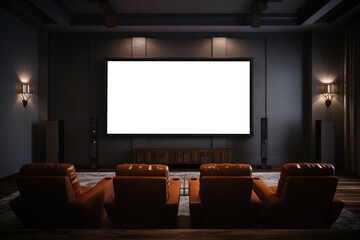 Screen mockup in modern home theater room interior with comfortable armchairs. Frame mock up