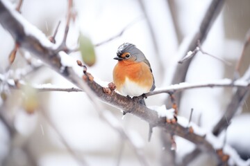robin fluffing feathers on frosty tree limb
