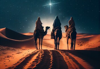 The three kings - also known as Magi or Wisemen- follow the star of Bethlehem. Image in panoramic format with copy space. Generative AI