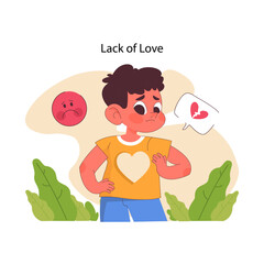 Lack of love concept. Young boy expressing sadness and heartbreak, looking at carved heart symbol on his chest. Feeling empty, lonely, unloved and uncared for. Flat vector illustration
