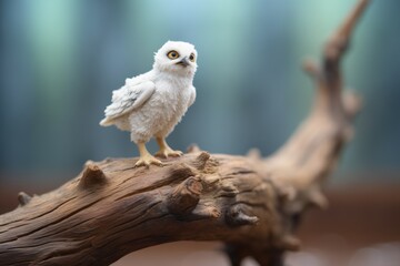 fluffy snowy owl chick standing on a low branch