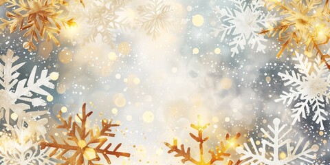 Horizontal minimal Christmas Background, Festive design, sparkling lights golden and white snowflakes. Poster, banner, greeting card