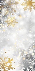 Fototapeta na wymiar vertical minimal Christmas Background, Festive design, sparkling lights golden and white snowflakes. Poster, banner, greeting card