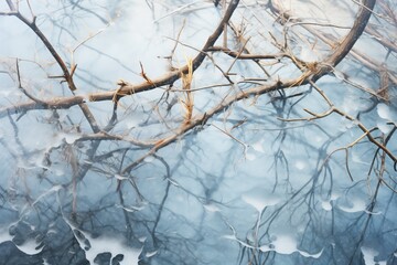 close-up of icy branches above steaming water