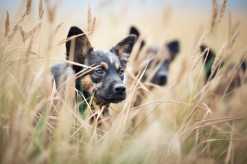 african wild dogs coordinating an ambush in tall grass - obrazy, fototapety, plakaty