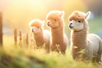furry alpacas in soft golden light - obrazy, fototapety, plakaty