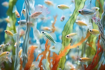 school of guppies with multicolored tails in freshwater tank