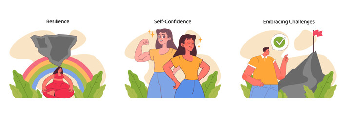 Inner strength set. Man and women feeling capable. Showcasing resilience, self-confidence and challenge acceptance. Celebrating inner power and goal achievement. Flat vector illustration