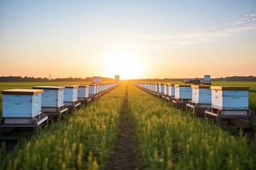 line of hives with bees and sunset in countryside - obrazy, fototapety, plakaty