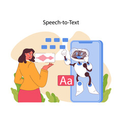 Speech to text concept. Interactive exchange between user and AI, showcasing voice recognition technology. Robot typing and writing audio message. Advanced technology help. Flat vector illustration